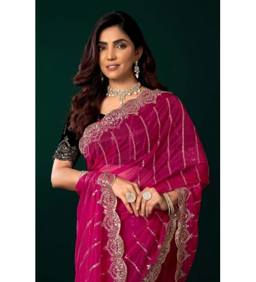 Generic Women's Net Sequence Saree With Unstitched Blouse 5.5Mtr (Pink)
