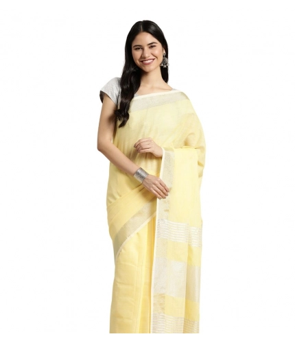 Generic Women's Linen Cotton Printed Saree With Unstitched Blouse 5.5Mtr (Yellow)