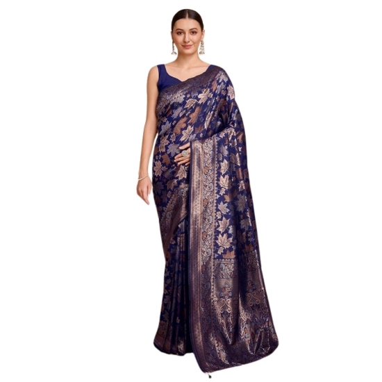 Generic Women's Soft Silk Jacquard Saree With Unstitched Blouse 5.5Mtr (Navy-Blue)