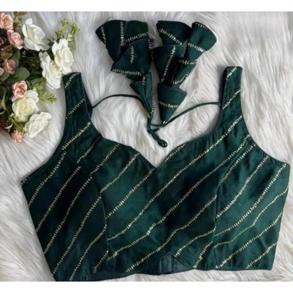 Generic Women's Silk Embellished Sweetheart Neck Sleeveless Readymade Padded Blouse (Green, Size 38) - Image 3