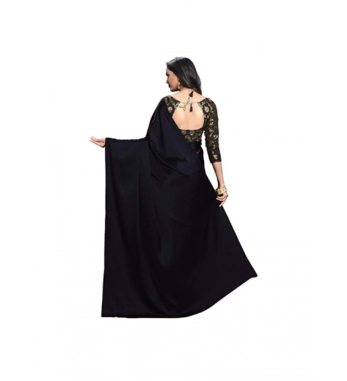 Generic Women's Satin Solid Saree With Unstitched Blouse 5.5Mtr (Black)