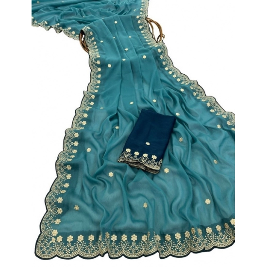 Generic Women's Star Georgette Embroidered Saree With Unstitched Blouse 5.5Mtr (Blue)