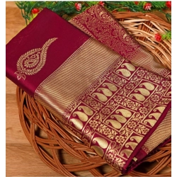 Generic Women's Soft Litchi Silk Jacquard Work Saree With Unstitched Blouse 5.5Mtr (Maroon)