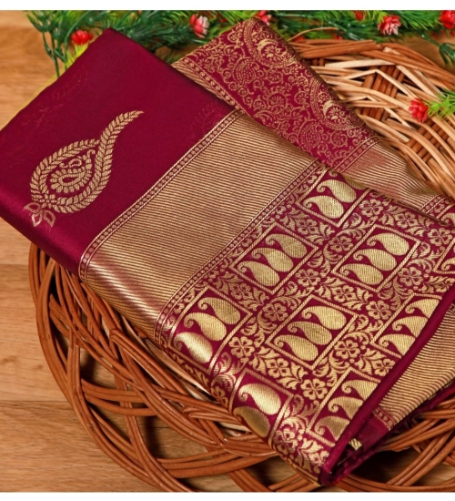 Generic Women's Soft Litchi Silk Jacquard Work Saree With Unstitched Blouse 5.5Mtr (Maroon)