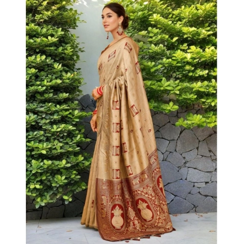 Women's Silk Blend Woven Zari Work Saree With Unstitched Blouse 5.5Mtr (Beige)