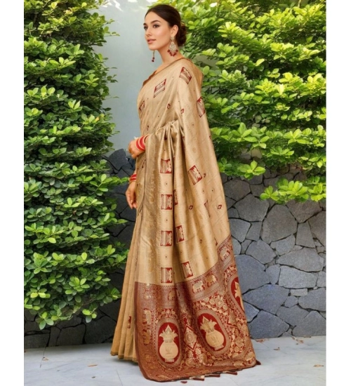 Generic Women's Silk Blend Woven Zari Work Saree With Unstitched Blouse 5.5Mtr (Beige)