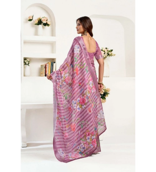 Generic Women's Linen Cotton Printed Ready To Wear Saree With Unstitched Blouse 5.5 Mtr (Light_Mauve)