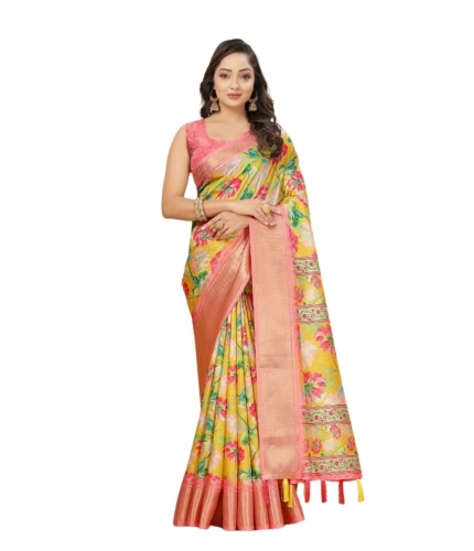 Generic Women's Cotton Silk Floral Printed Saree With Unstitched Blouse 5.5Mtr (Yellow)