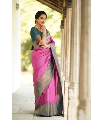 Generic Women's Soft Lichi Silk Printed Saree With Unstitched Blouse 5.5Mtr (Pink)