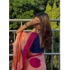 Generic Women's Linen Printed Saree With Unstitched Blouse 5.5Mtr (Orange)