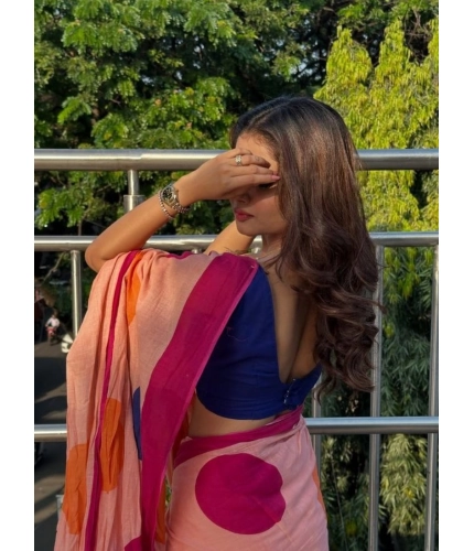 Generic Women's Linen Printed Saree With Unstitched Blouse 5.5Mtr (Orange)