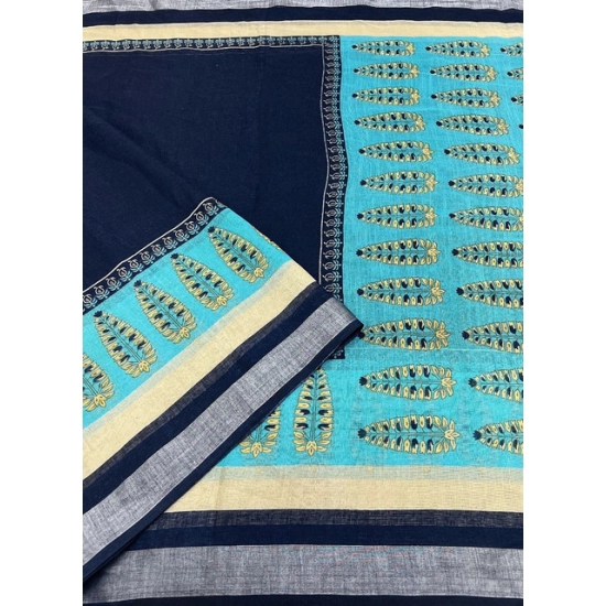 Generic Women's Cotton Linen Printed Saree With Unstitched Blouse 5.5Mtr (Blue) Generic Women's Cotton Linen Printed Saree With Unstitched Blouse 5.5Mtr (Blue)