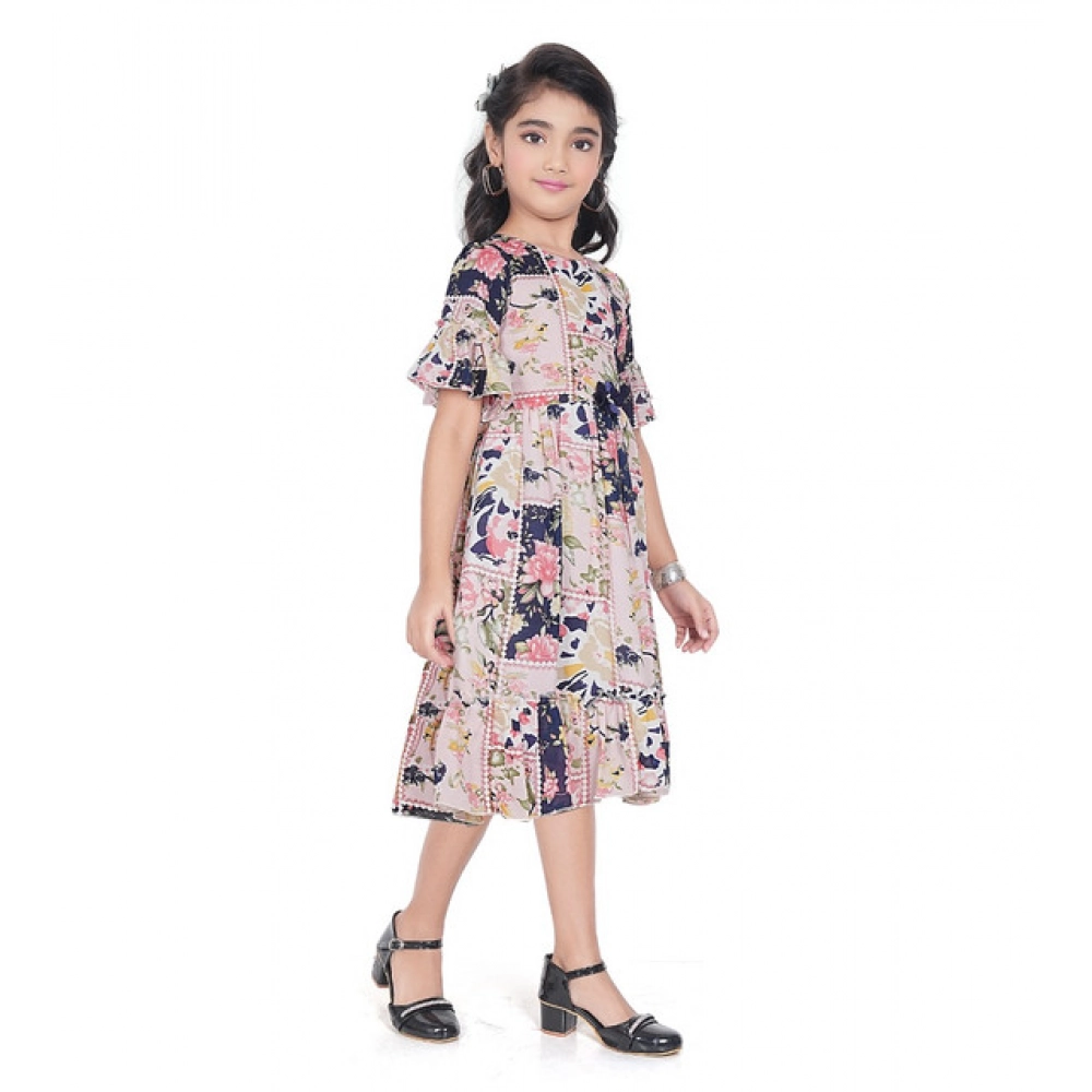 Girl's Shiffon Printed Half Sleeve Round Neck Dress (Peach)