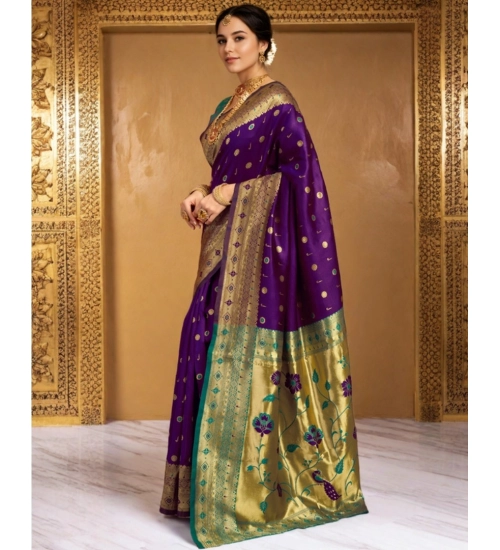 Generic Women's Silk Blend Zari Weaving Saree With Unstitched Blouse 5.5Mtr (Purple)