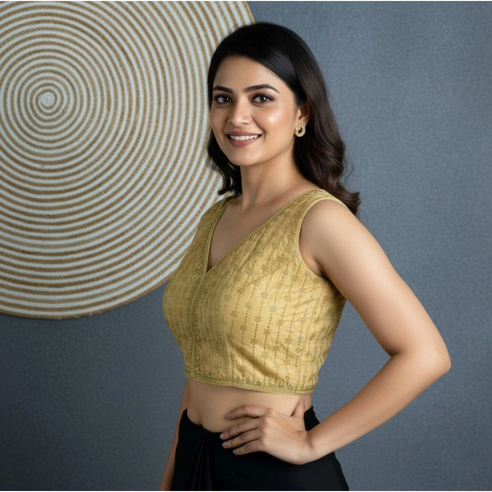 Women's Silk Blend Embroidered V-Neck Non Padded Blouse (Beige 38 Ready (Alterable up to 42)