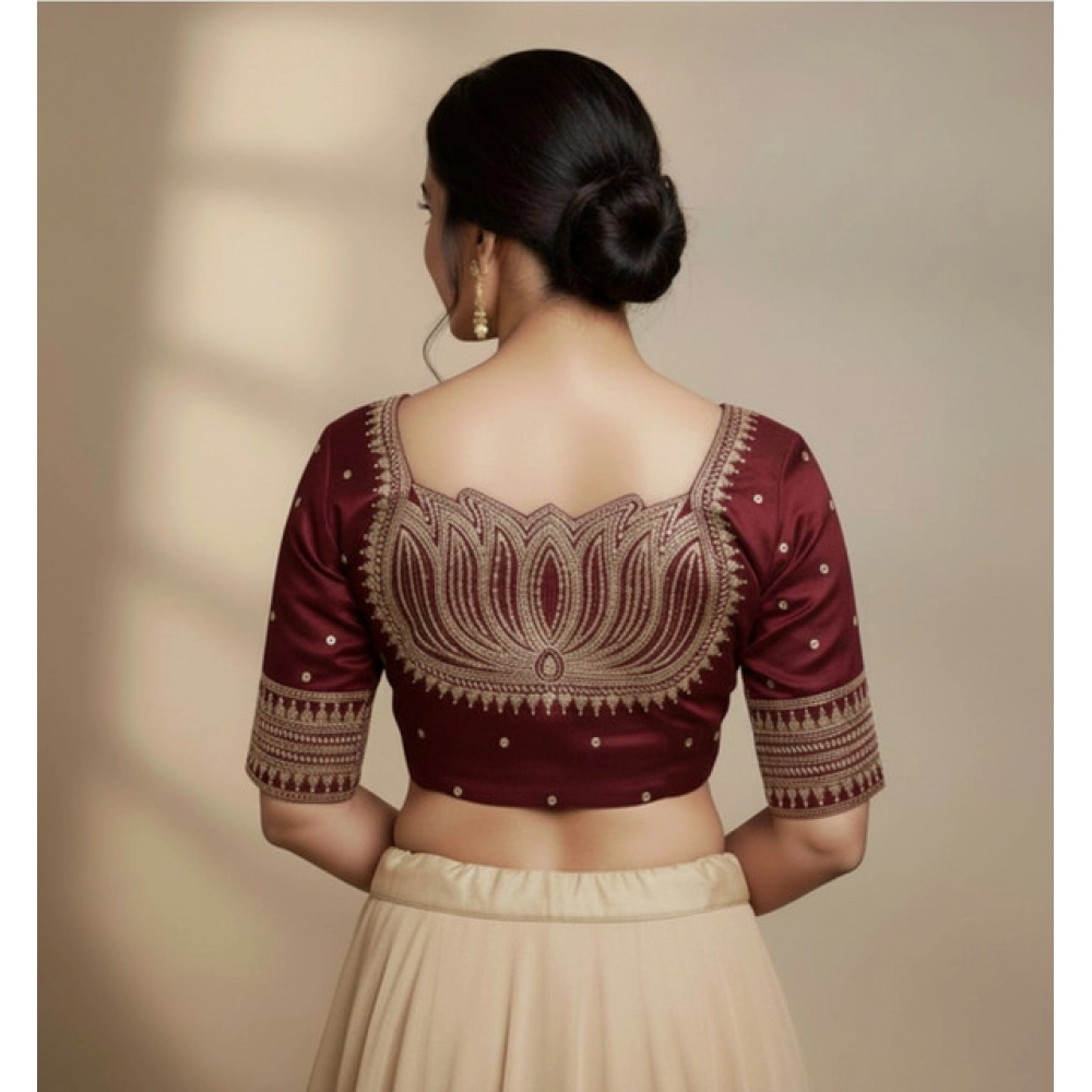 Generic Women's Vichitra Silk V Neck Padded Blouse (Maroon, 38 Ready Size (Self-Alterable 36–40)