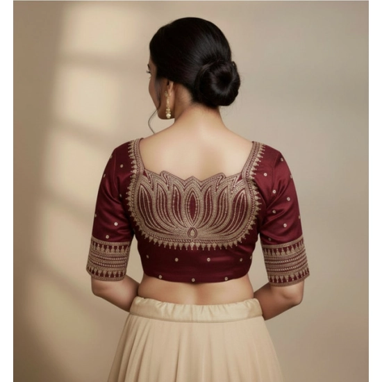 Generic Women's Vichitra Silk V Neck Padded Blouse (Maroon, 38 Ready Size (Self-Alterable 36–40)