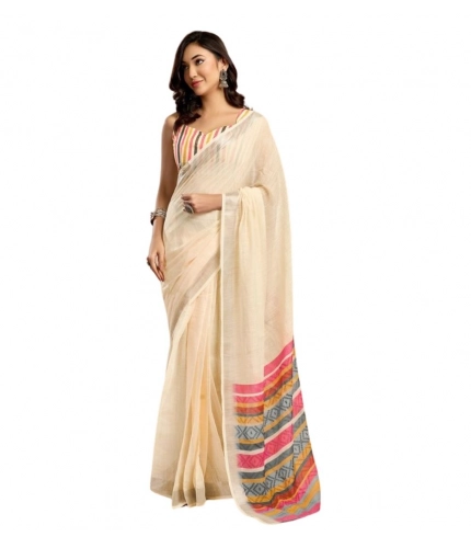Generic Women's Faux Linen Floral Print Ready to wear Saree With Unstitched Blouse 5.5Mtr (Cream)
