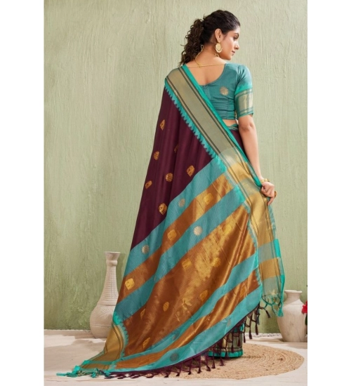 Generic Women's Silk Blended Jaquard Woven Saree With Unstitched Blouse 5.5Mtr (Purple)