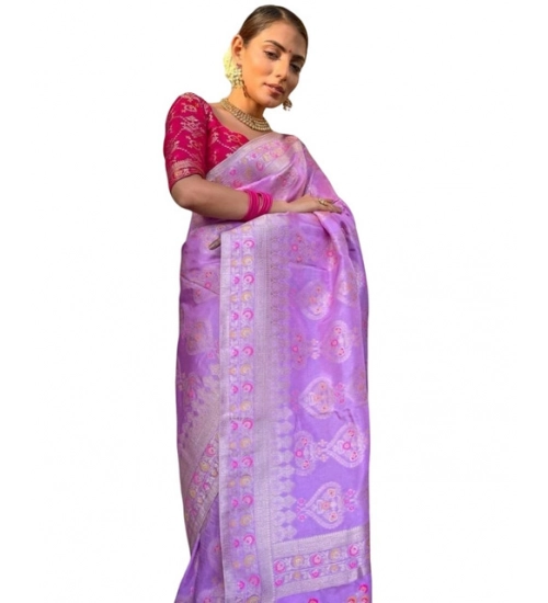 Generic Women's Soft Litchi Silk Jacquard Work Saree With Unstitched Blouse 5.5Mtr (Lavender)
