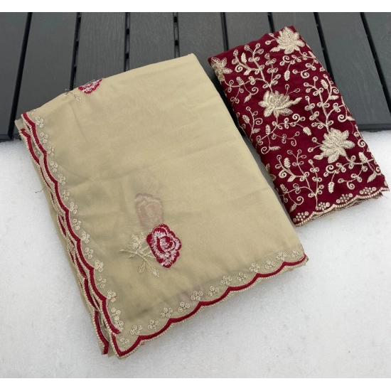 Generic Women's Star Georgette Embroidered Saree With Unstitched Blouse 5.5Mtr (Cream)