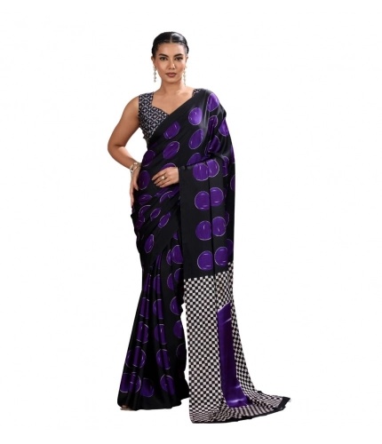 Generic Women's Satin Crepe Printed Saree With Unstitched Blouse 5.5Mtr (Purple)