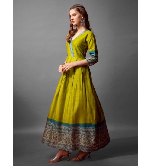 Generic Women's Cotton Blend Printed Anarkali Gown (Green)