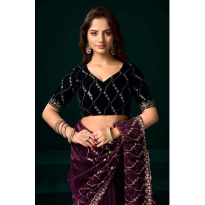 Generic Women's Net Sequence Saree With Unstitched Blouse 5.5Mtr (Purple)