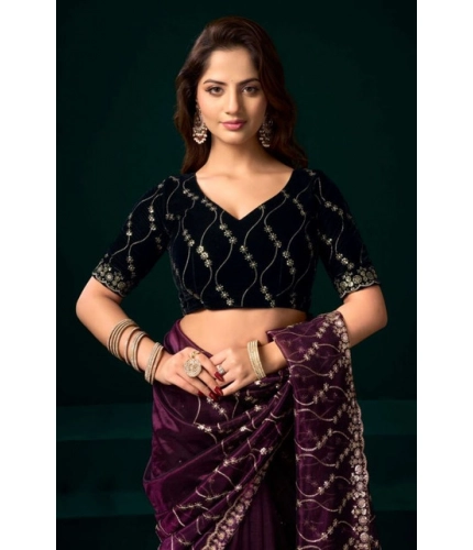 Generic Women's Net Sequence Saree With Unstitched Blouse 5.5Mtr (Purple)