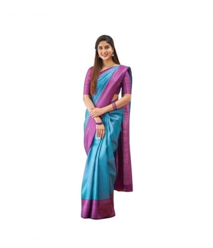Generic Women's Soft Lichi Silk Printed Saree With Unstitched Blouse 5.5Mtr (Sky-Blue)