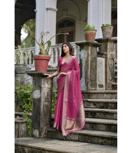Generic Women's Silk_Blend Butti Pattern Saree With Unstitched Blouse 5.5Mtr (Pink)