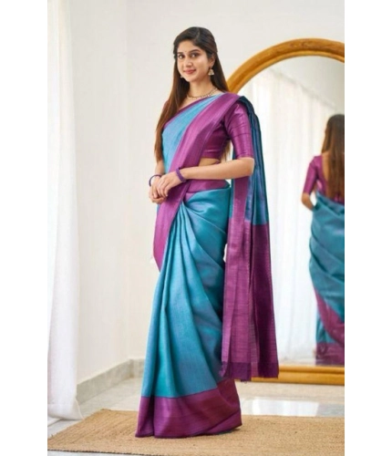 Generic Women's Soft Lichi Silk Printed Saree With Unstitched Blouse 5.5Mtr (Sky-Blue)