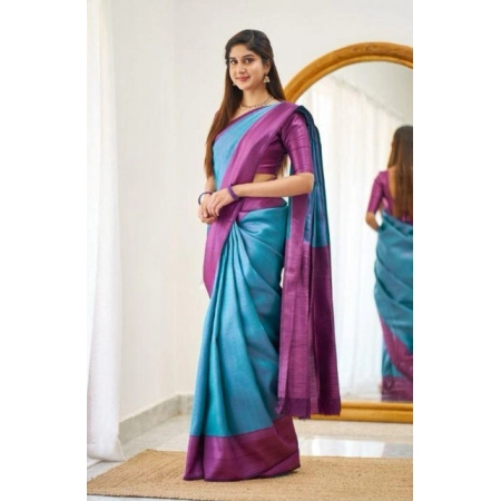 Generic Women's Soft Lichi Silk Printed Saree With Unstitched Blouse 5.5Mtr (Sky-Blue)