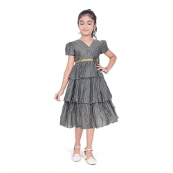 Generic Girl's Artificial Silk Striped Short Sleeve V Neck Dress (Grey)