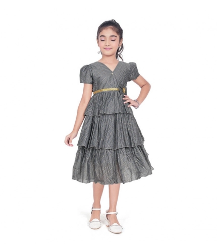 Generic Girl's Artificial Silk Striped Short Sleeve V Neck Dress (Grey)