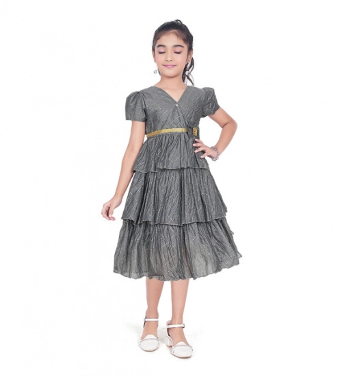 Girl's Artificial Silk Striped Short Sleeve V Neck Dress (Grey)