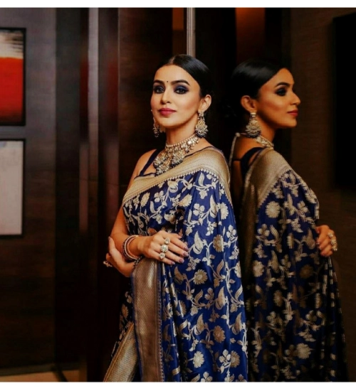 Generic Women's Soft Litchi Silk Jacquard Work Saree With Unstitched Blouse 5.5Mtr (Blue)