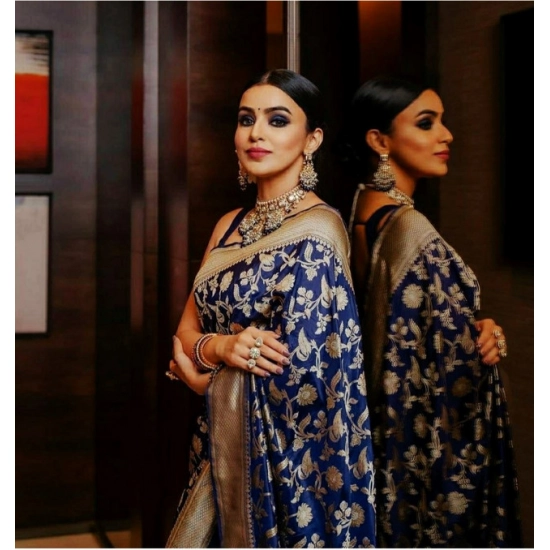 Generic Women's Soft Litchi Silk Jacquard Work Saree With Unstitched Blouse 5.5Mtr (Blue)