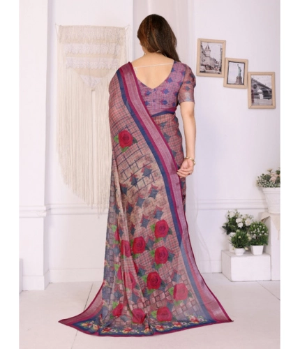 Generic Women's Linen Cotton  Printed Saree With Unstitched Blouse 5.5Mtr (Wine )