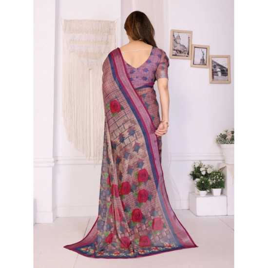 Generic Women's Linen Cotton  Printed Saree With Unstitched Blouse 5.5Mtr (Wine )