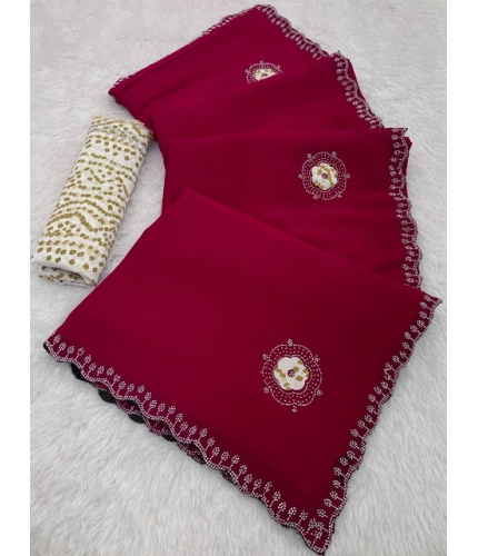 Generic Women's Chiffon Butti Dotted Saree With Unstitched Blouse 5.5Mtr (Pink)
