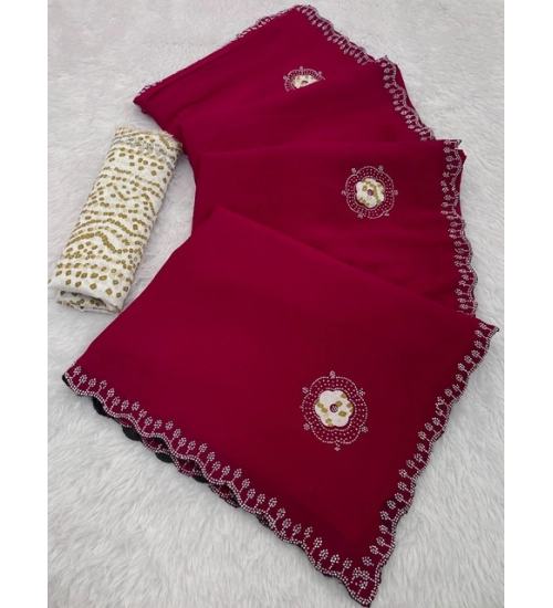 Generic Women's Chiffon Butti Dotted Saree With Unstitched Blouse 5.5Mtr (Pink)