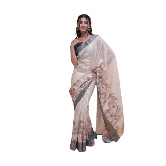 Generic Women's Polyester Printed Saree With Unstitched Blouse 5.5 Mtr (Off-White)
