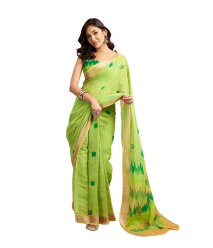 Generic Women's Faux Linen Floral Print Ready to wear Saree With Unstitched Blouse 5.5Mtr (Green)