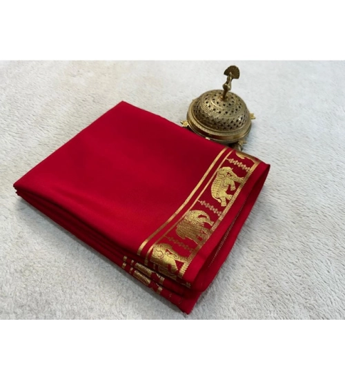 Generic Women's Crepe Chit Pallu Solid Saree With Unstitched Blouse 5.5Mtr (Red)