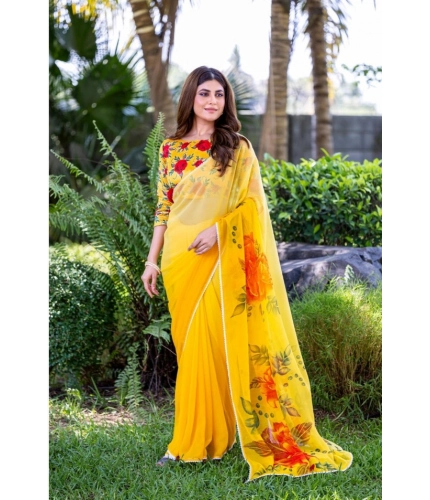 Generic Women's Georgette  Printed Saree With Unstitched Blouse 5.5Mtr (Yellow)