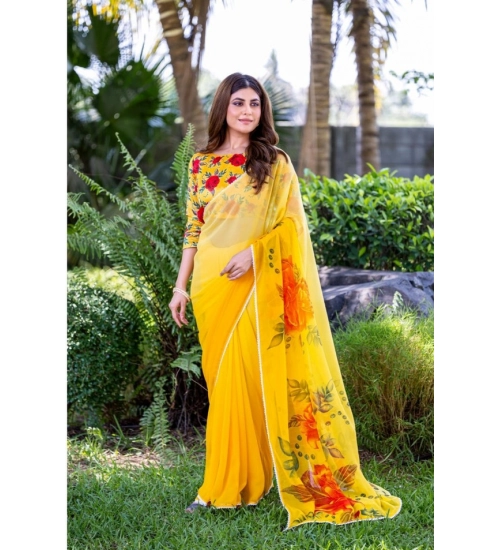 Generic Women's Georgette  Printed Saree With Unstitched Blouse 5.5Mtr (Yellow)