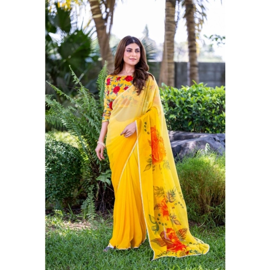 Generic Women's Georgette  Printed Saree With Unstitched Blouse 5.5Mtr (Yellow)