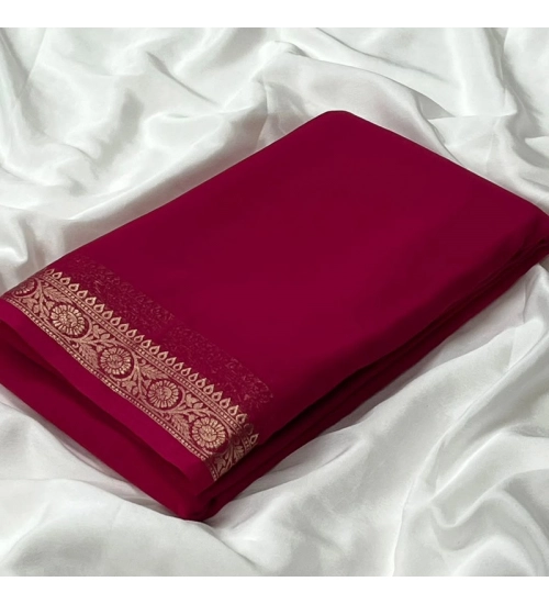 Generic Women's Crepe Chit Pallu Solid Saree With Unstitched Blouse 5.5Mtr (Pink)