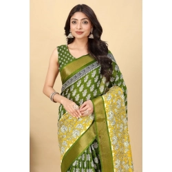 Generic Women's Cotton Blend Printed Saree With Unstitched Blouse 5.5Mtr (Mehandi)